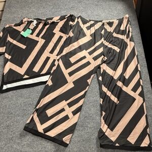 Mintreus Black/Tan Geometric Pajama Set 2X NWT Wide Leg Pant Short Sleeve Lounge